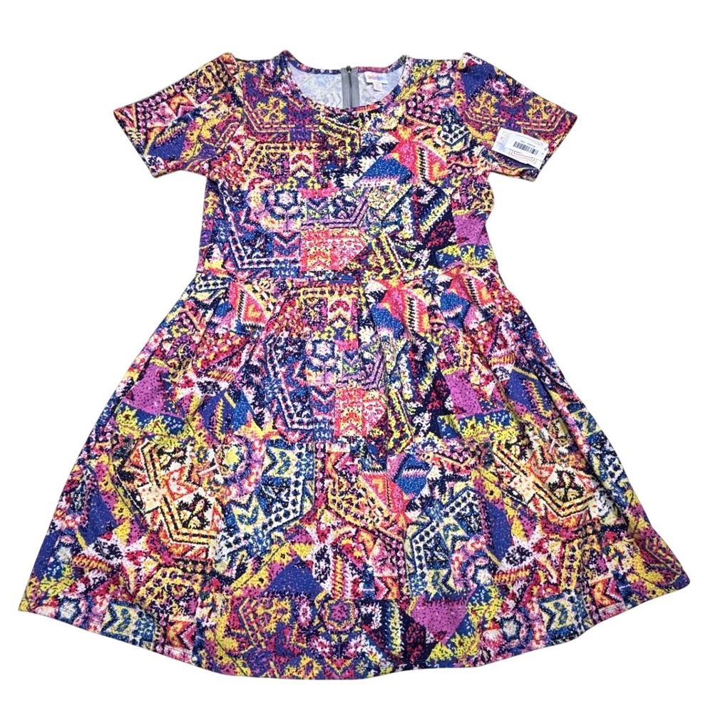 LuLaRoe Womens Amelia Dress Size 3XL Pink Blue Purple Patchwork Abstract NWT